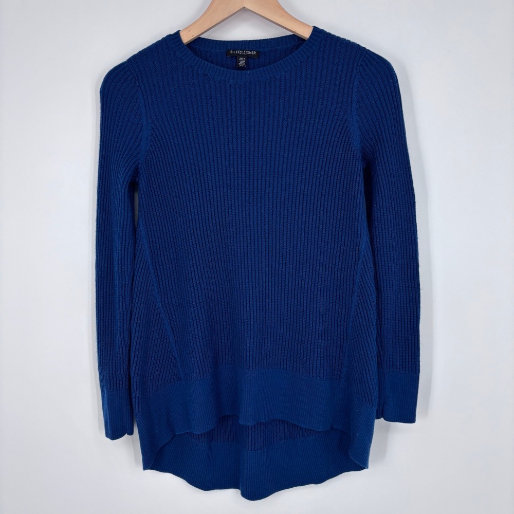 Eileen Fisher Merino Wool Ribbed High Low Sweater Womens PS Blue Italian Yarn